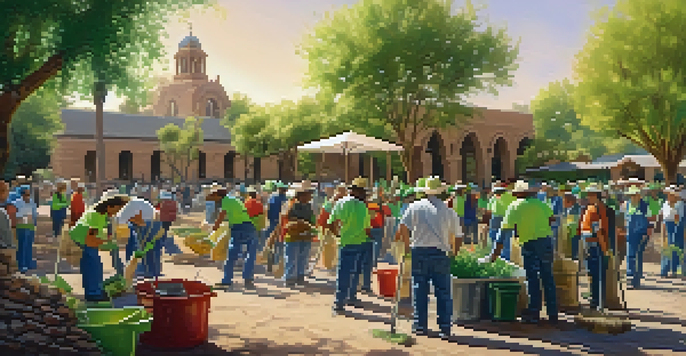 A group of diverse volunteers participating in a clean-up event in a historical park, surrounded by greenery and monuments under sunlight.