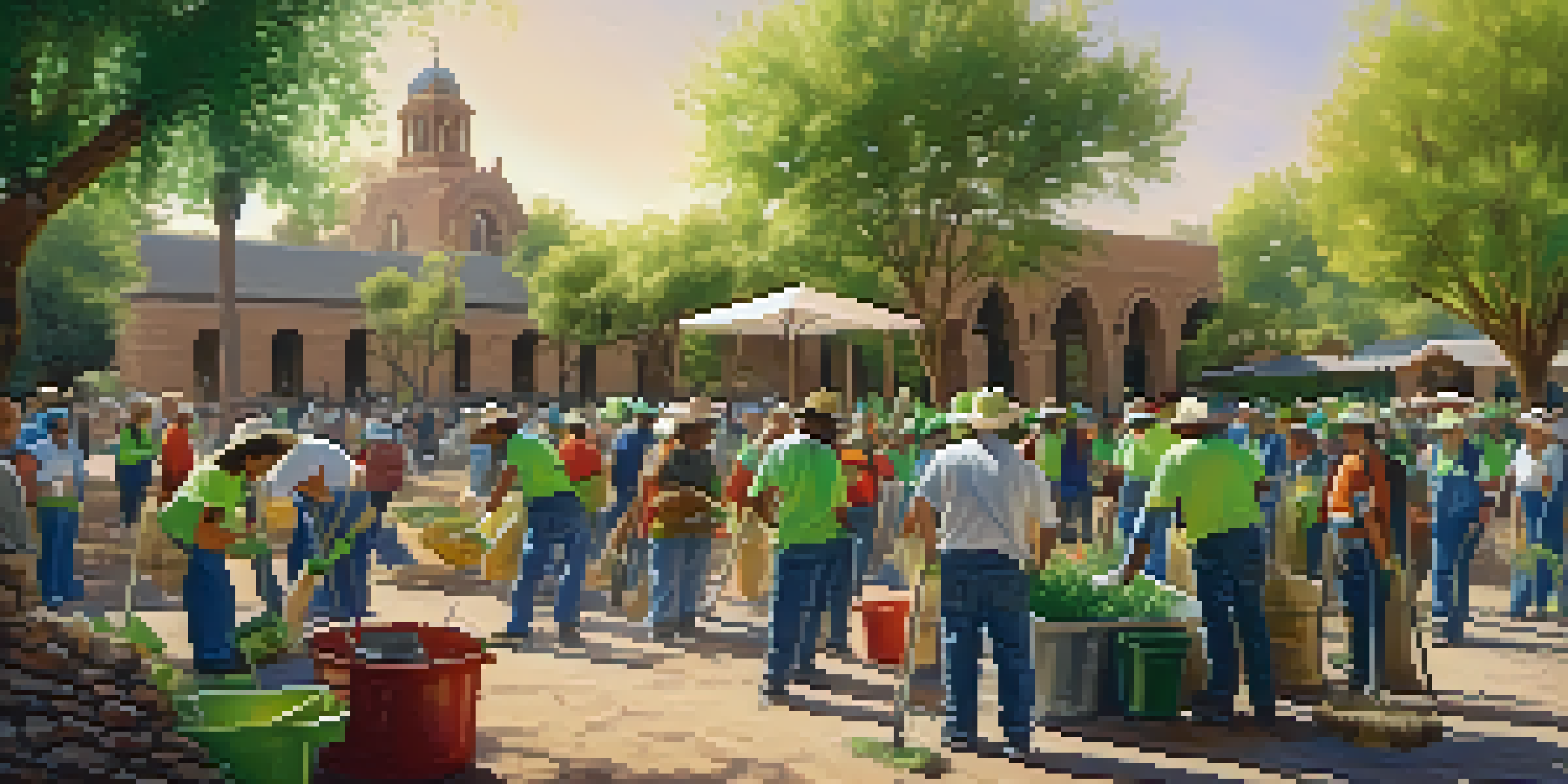 A group of diverse volunteers participating in a clean-up event in a historical park, surrounded by greenery and monuments under sunlight.