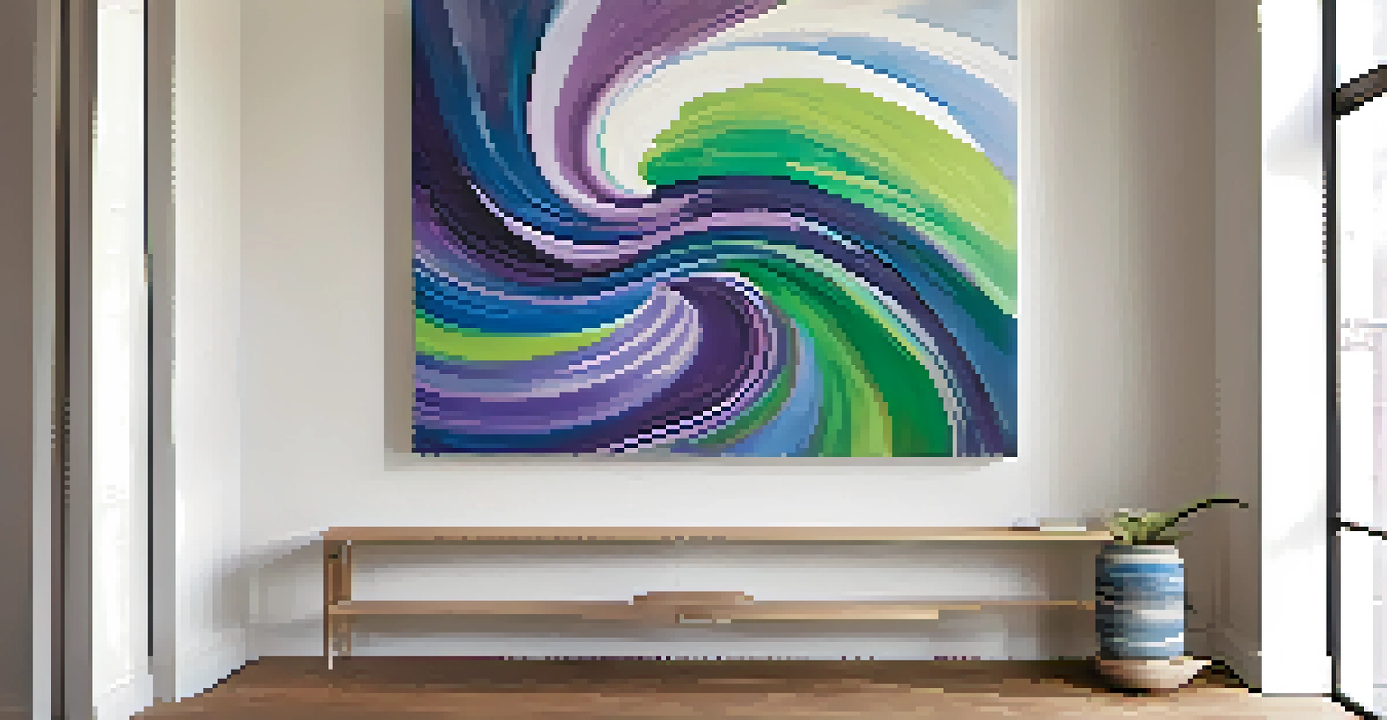 An abstract painting with swirling blue, green, and purple colors, displayed in a bright gallery.