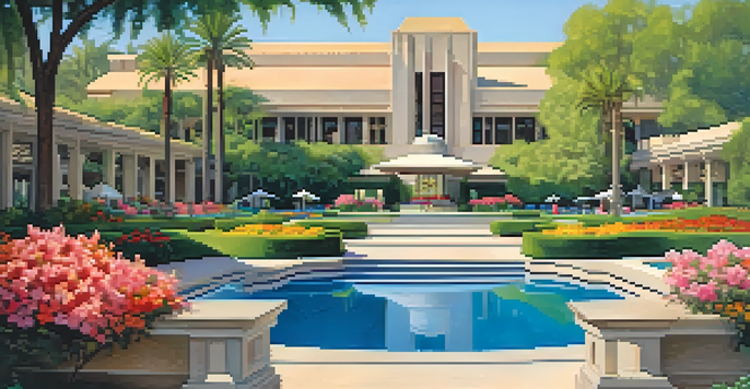 A stunning view of the Arizona Biltmore resort with lush gardens and a pool area, showcasing its unique architecture.