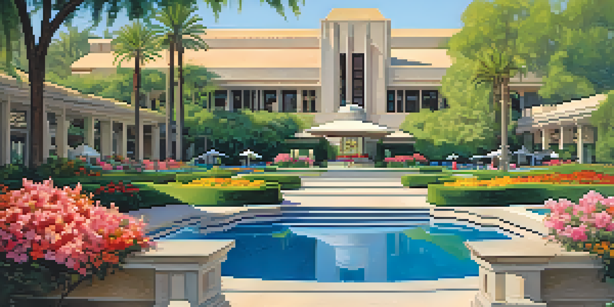 A stunning view of the Arizona Biltmore resort with lush gardens and a pool area, showcasing its unique architecture.