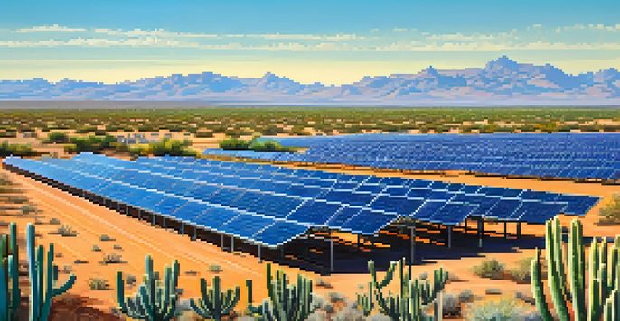 A solar farm with solar panels under a bright blue sky, surrounded by cacti and wildflowers in the Arizona desert.