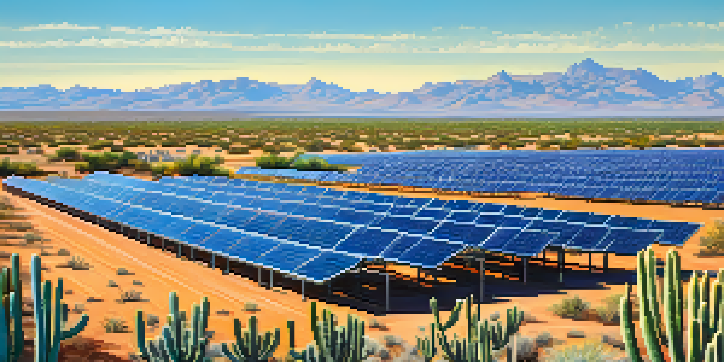 A solar farm with solar panels under a bright blue sky, surrounded by cacti and wildflowers in the Arizona desert.
