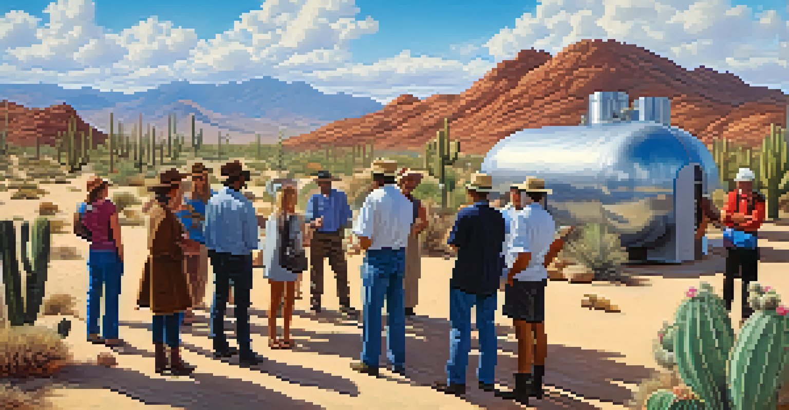 A group of visitors on a distillery tour in a desert setting, learning about distillation.