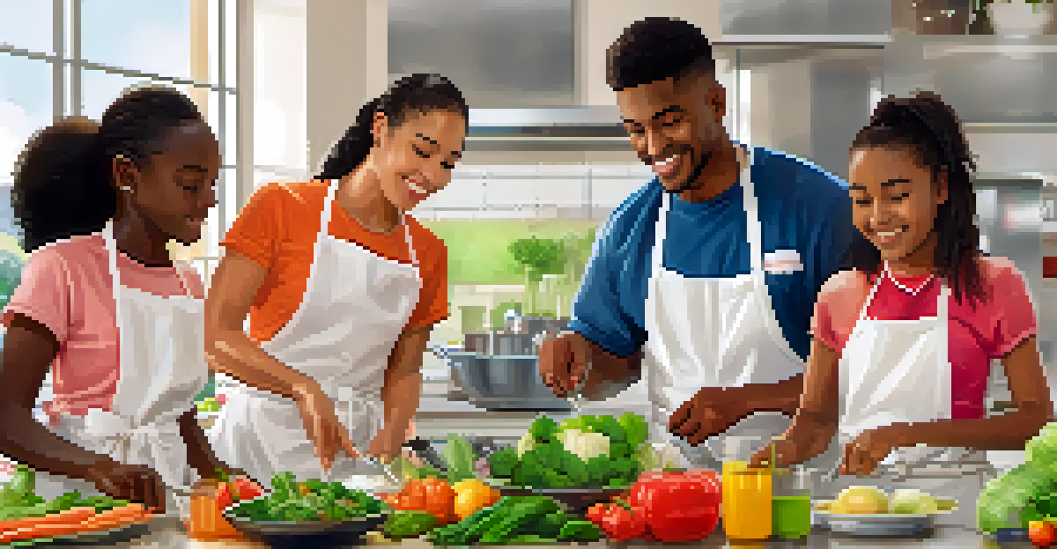 A diverse group of young people learning to cook healthy meals in a bright kitchen, with fresh ingredients around them.