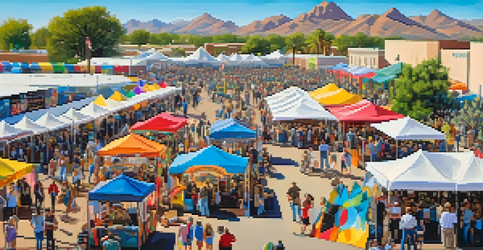 An outdoor art festival in Phoenix with colorful tents displaying art, artists interacting with visitors, and a sunny atmosphere.