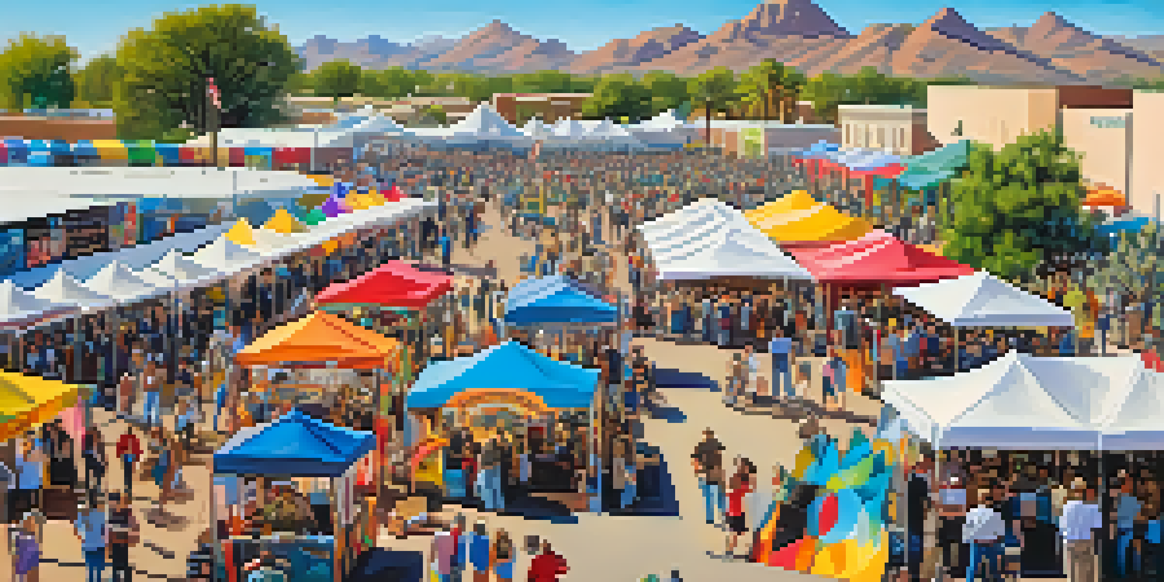 An outdoor art festival in Phoenix with colorful tents displaying art, artists interacting with visitors, and a sunny atmosphere.