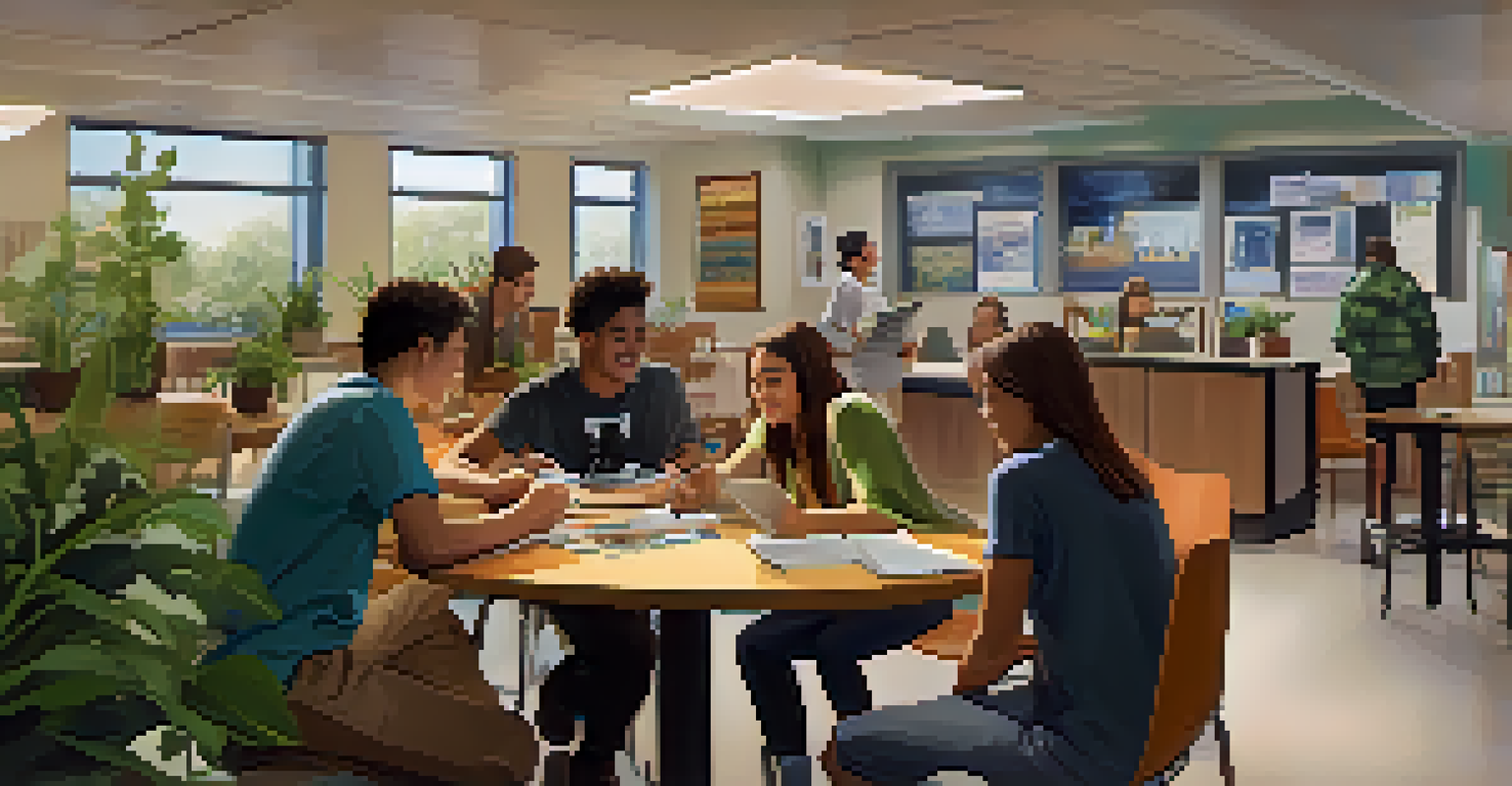 A cozy study area at Phoenix College with students collaborating on assignments, surrounded by student artwork and greenery.