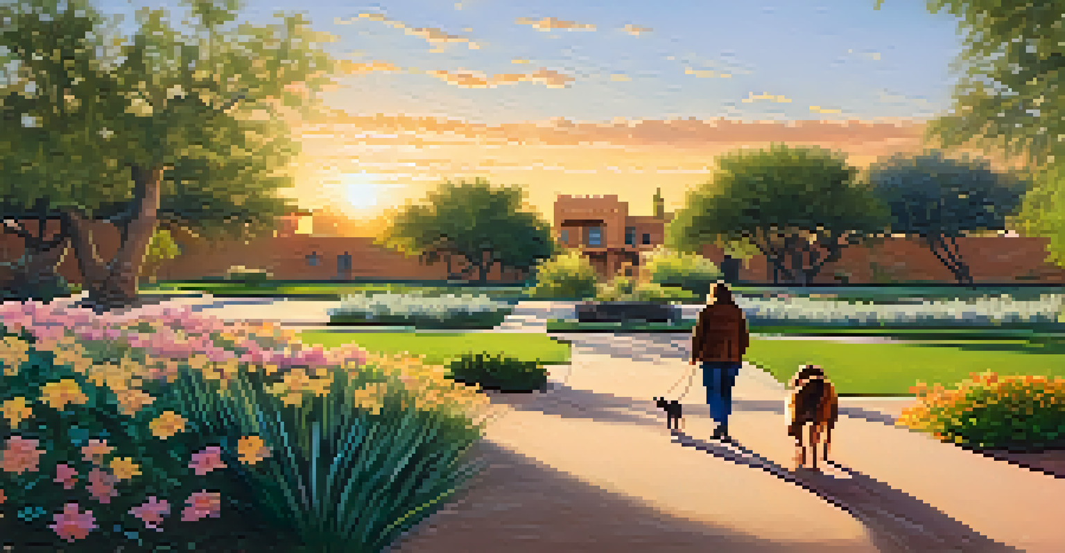 A tranquil setting at Sahuaro Ranch Park with a dog walking beside its owner near historical buildings and gardens.