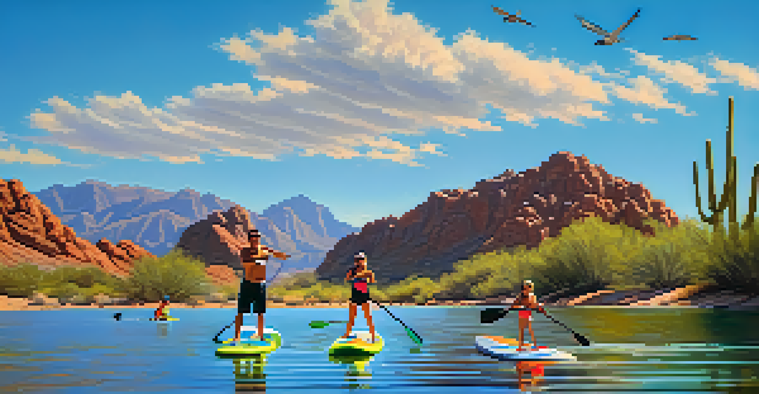 A family paddleboarding on Saguaro Lake with desert mountains in the background.