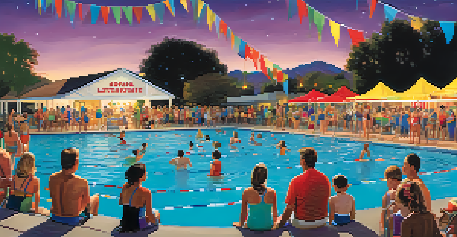 Families participating in a lively community swim night at a recreation center pool, with activities and festive decorations.