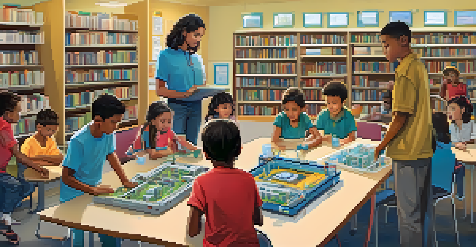 A STEM program in a library featuring kids working on robotics, with a mentor guiding them through programming a robot.