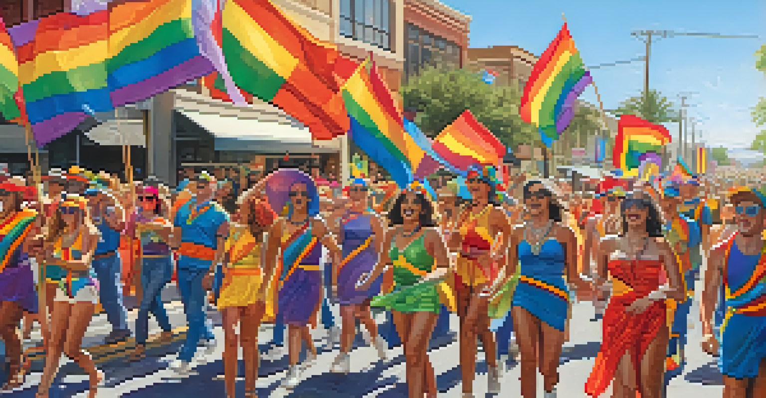 A joyful parade scene with participants waving rainbow flags and colorful costumes, celebrating diversity and inclusivity.