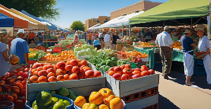 A busy farmer's market in Phoenix with colorful fresh produce and people shopping.