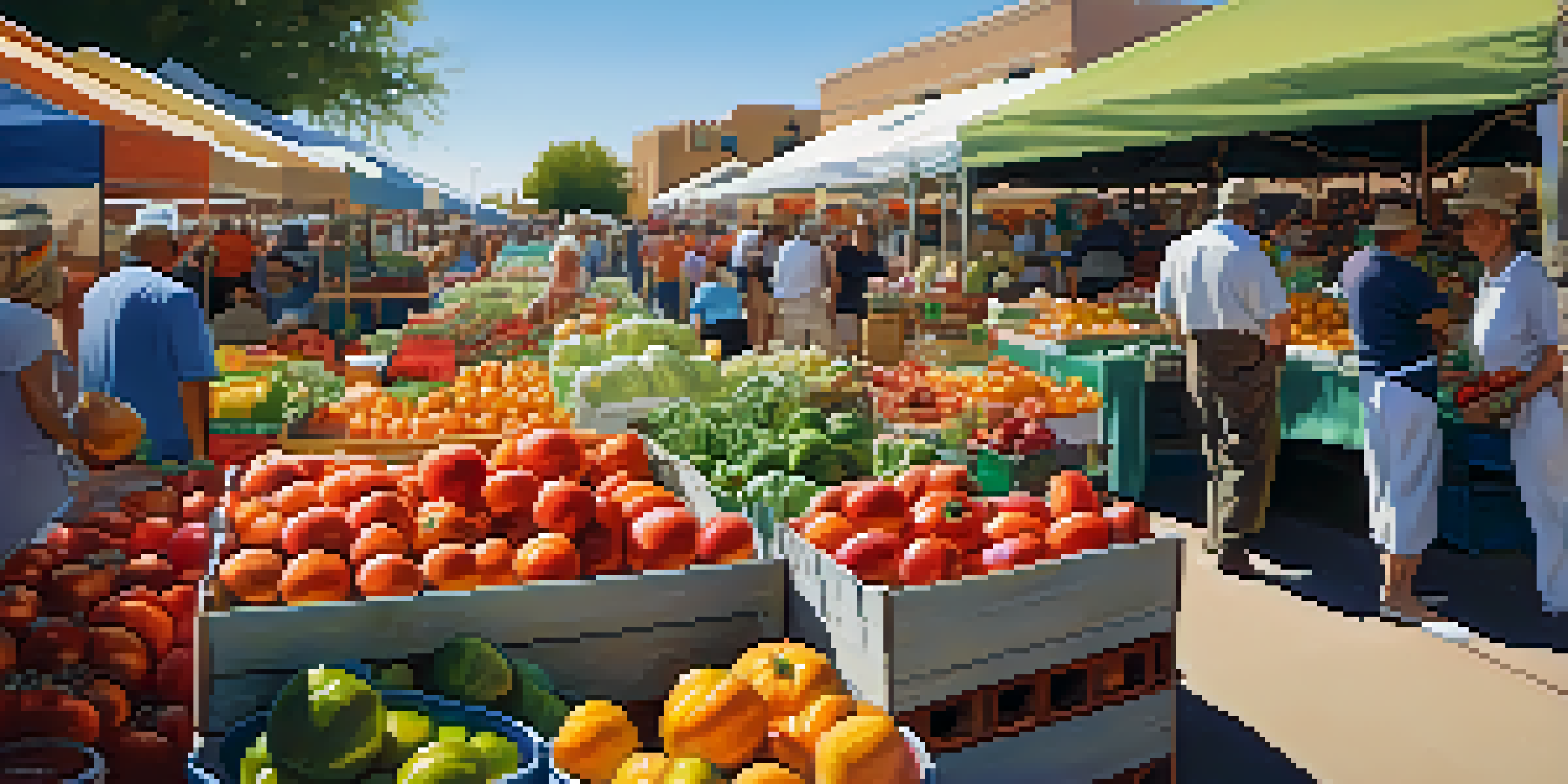 A busy farmer's market in Phoenix with colorful fresh produce and people shopping.