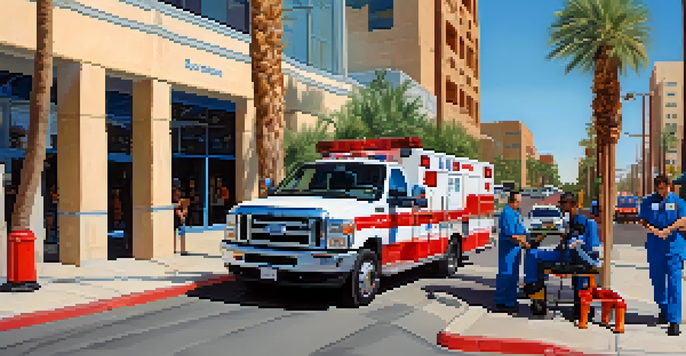 Paramedics in blue uniforms assisting a patient on a stretcher next to an EMS vehicle in a sunny urban setting.