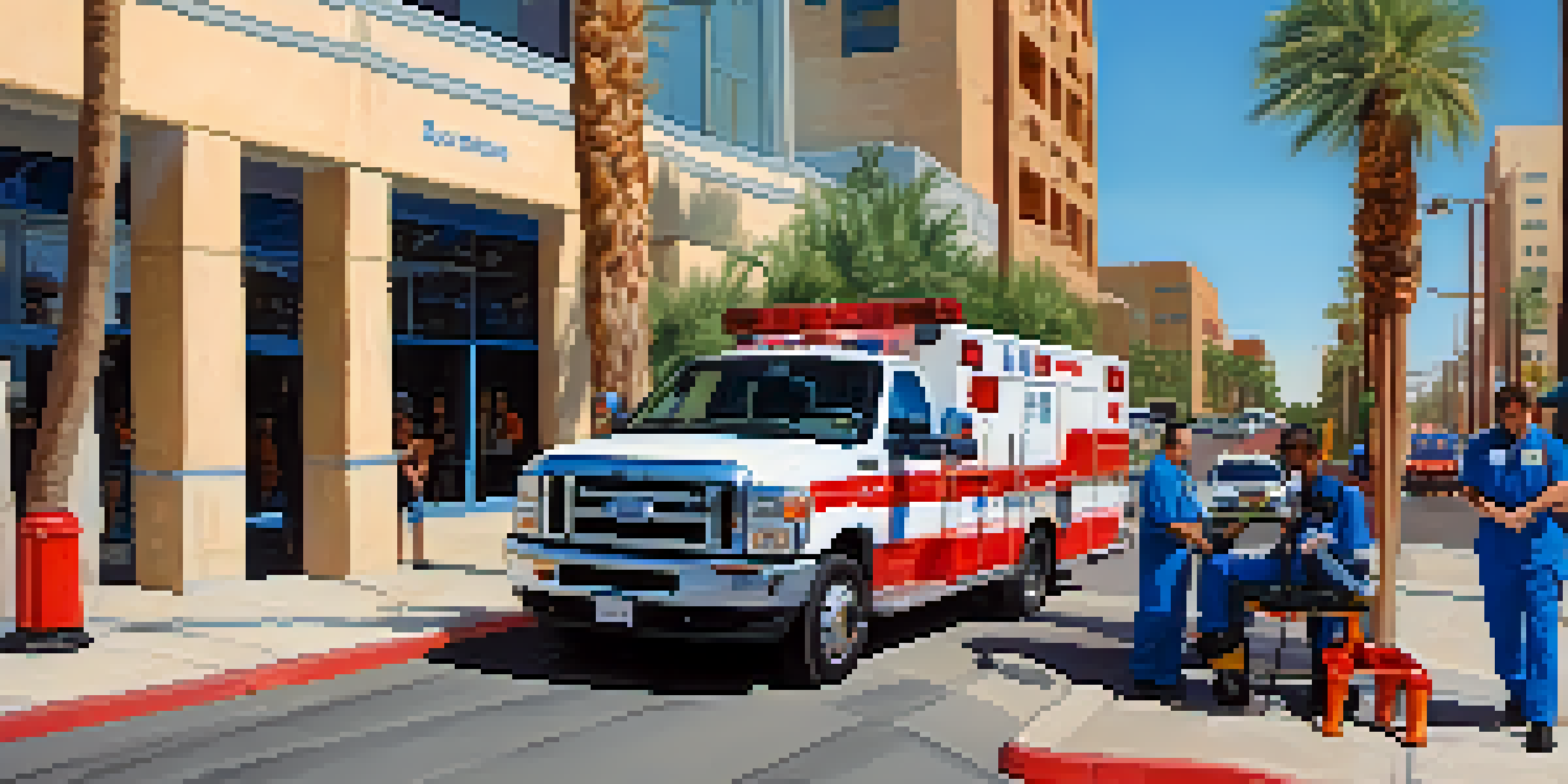 Paramedics in blue uniforms assisting a patient on a stretcher next to an EMS vehicle in a sunny urban setting.