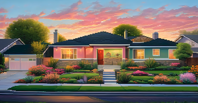 A beautiful suburban neighborhood in Phoenix at sunset, with modern homes and families enjoying the outdoors.