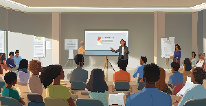 A diverse group of people in a public speaking club meeting, showing various ethnicities and backgrounds, with a confident speaker at the front and an engaged audience.