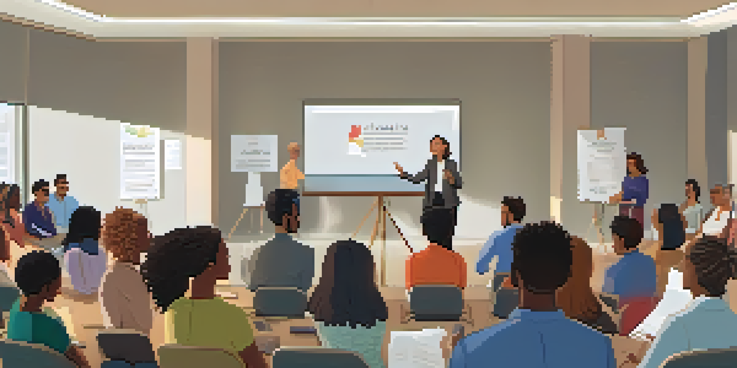 A diverse group of people in a public speaking club meeting, showing various ethnicities and backgrounds, with a confident speaker at the front and an engaged audience.