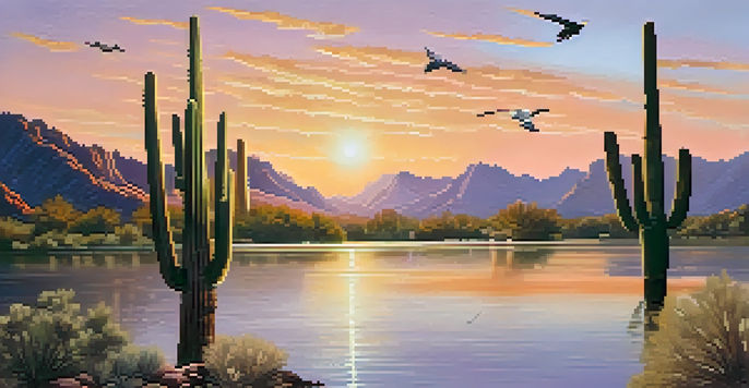 A beautiful sunrise over Saguaro Lake, featuring tall saguaro cacti, soaring bald eagles, and splashing river otters in the water.