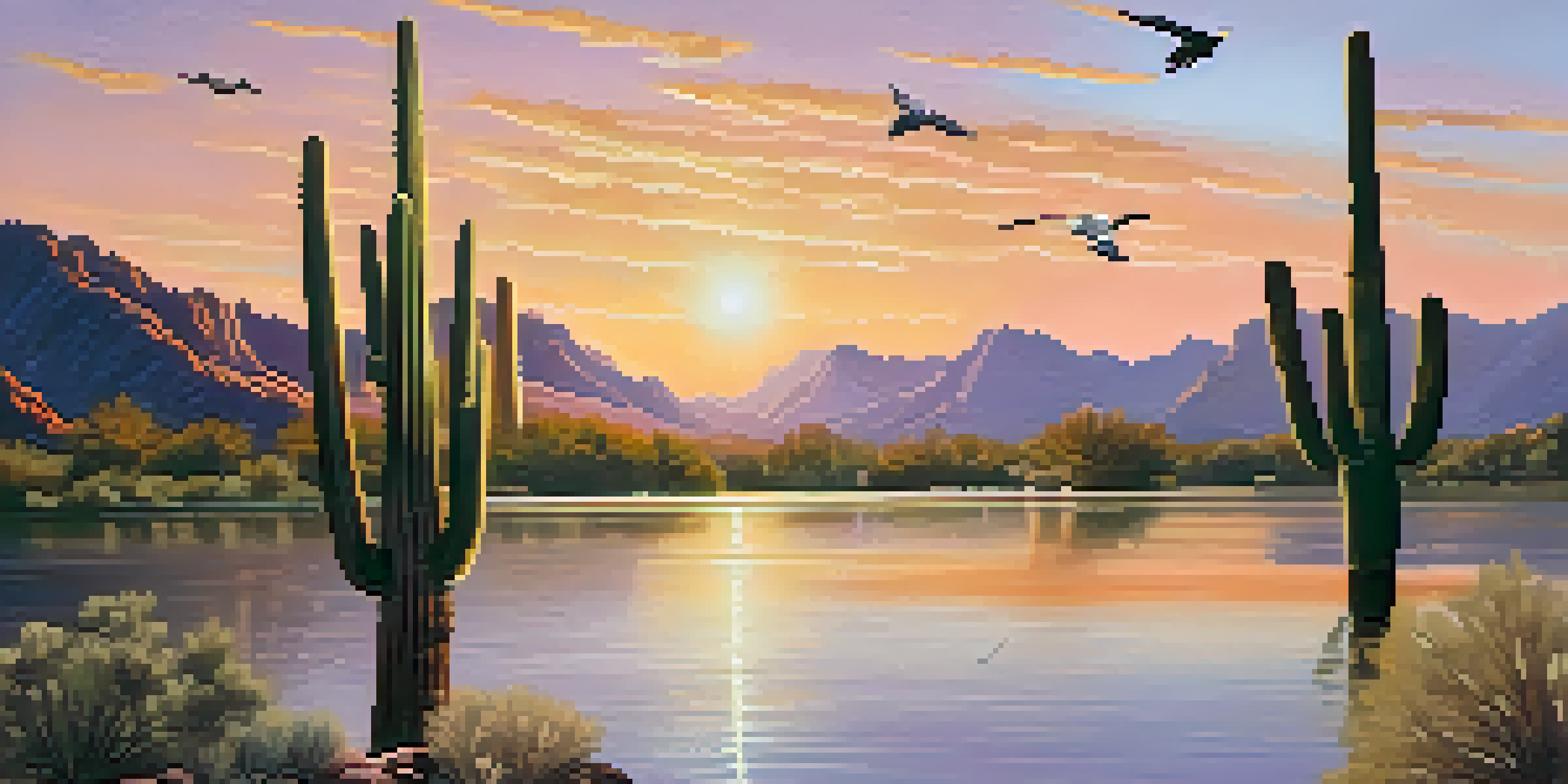 A beautiful sunrise over Saguaro Lake, featuring tall saguaro cacti, soaring bald eagles, and splashing river otters in the water.