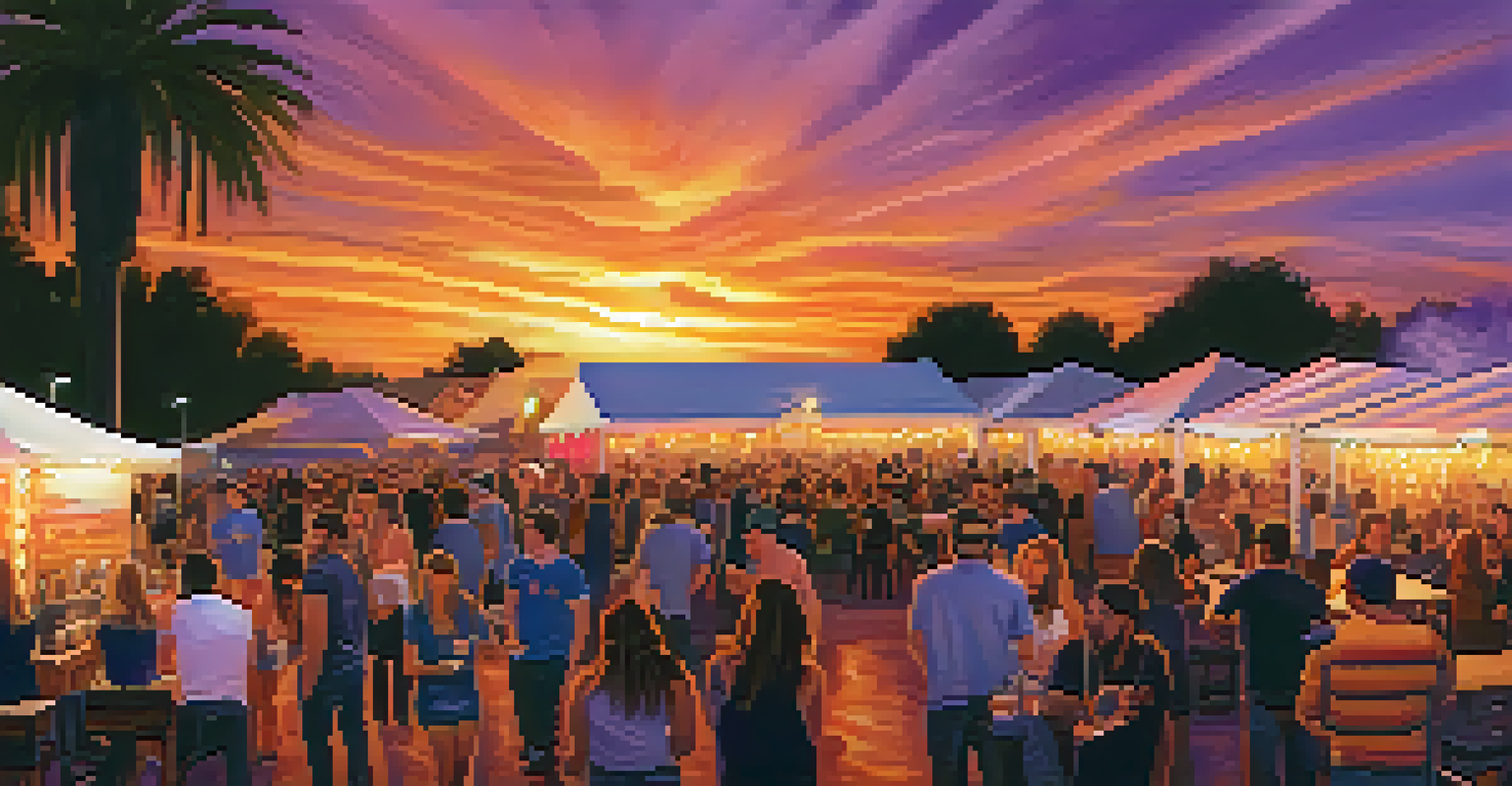 A sunset scene at a beer and music festival with people mingling, a stage with lights, and food trucks.