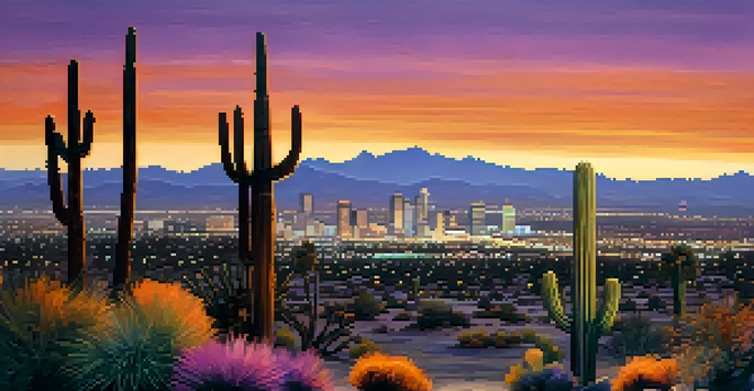 A beautiful Phoenix sunset over the desert landscape, featuring cacti and the city skyline silhouetted against a colorful sky.