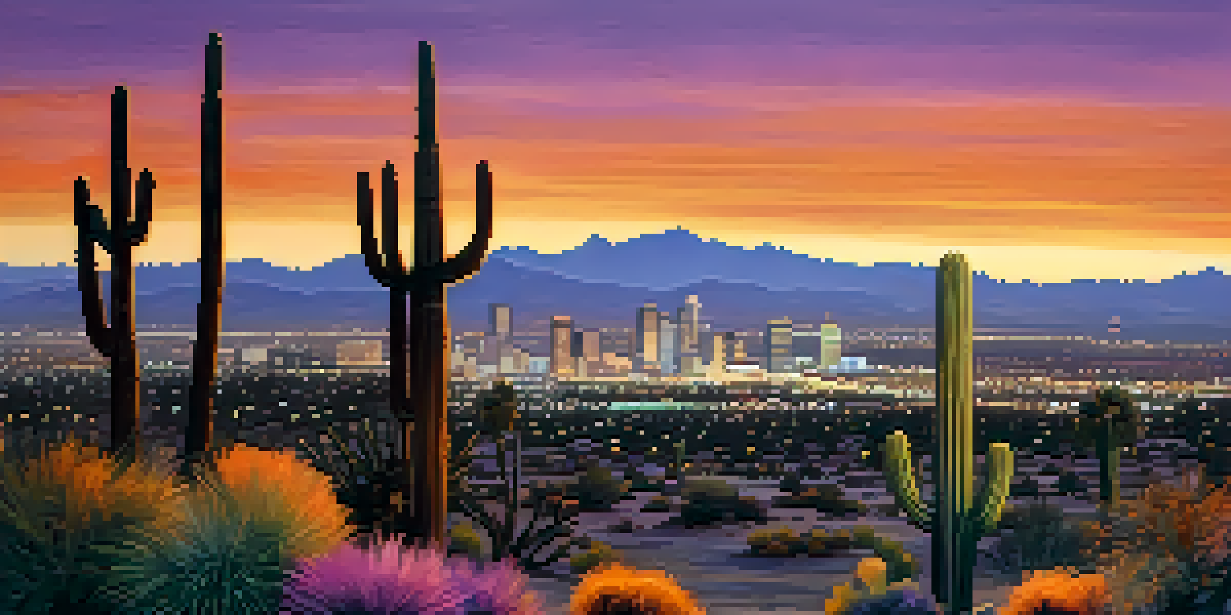 A beautiful Phoenix sunset over the desert landscape, featuring cacti and the city skyline silhouetted against a colorful sky.