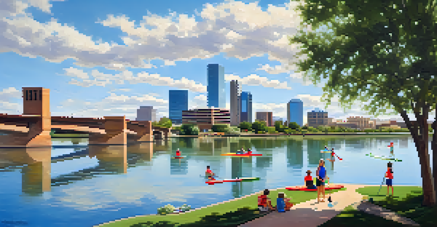 Families paddleboarding on Tempe Town Lake with parks and city skyline in the background.