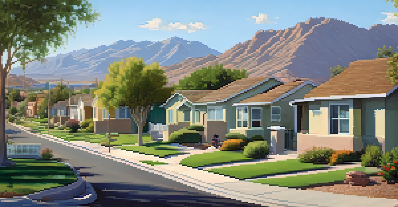A suburban neighborhood in East Valley, Phoenix, with homes, green lawns, and children playing in a park against a mountain backdrop.