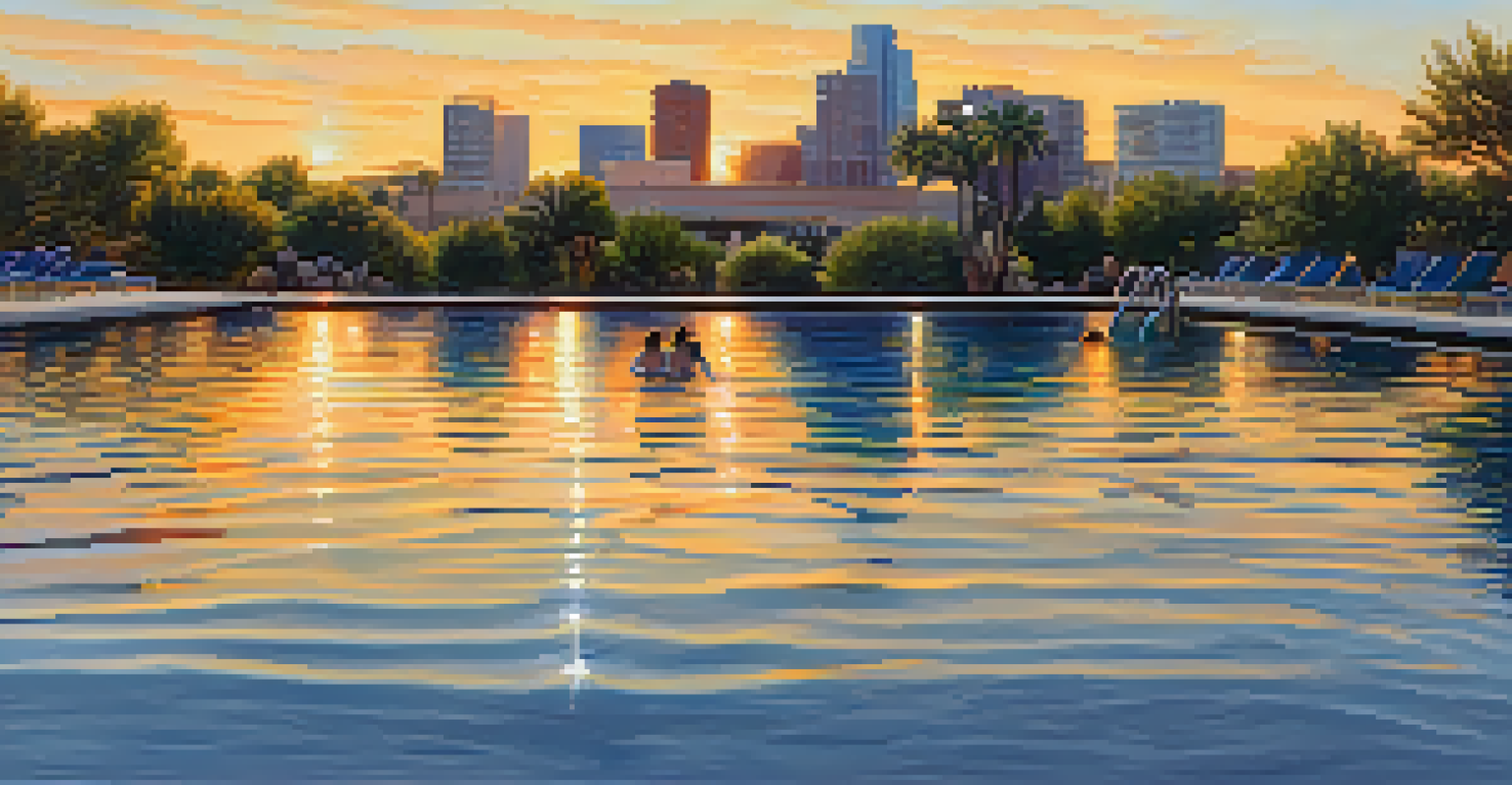 A serene view of the Margaret T. Hance Park Pool in Phoenix, featuring swimmers and a reflection of the city skyline at sunset.