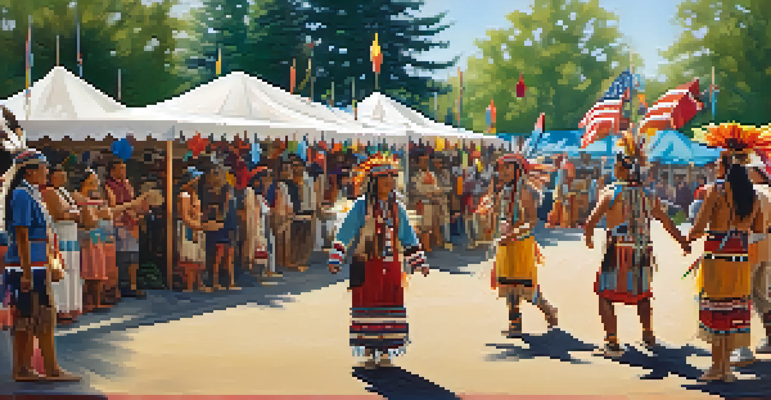 A lively cultural celebration with Native American community members in traditional attire, surrounded by colorful decorations and trees, showcasing the vibrancy of their heritage.