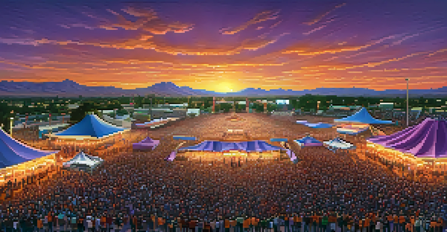 An aerial view of a vibrant music festival at sunset in Phoenix, featuring attendees and multiple stages under a colorful sky.