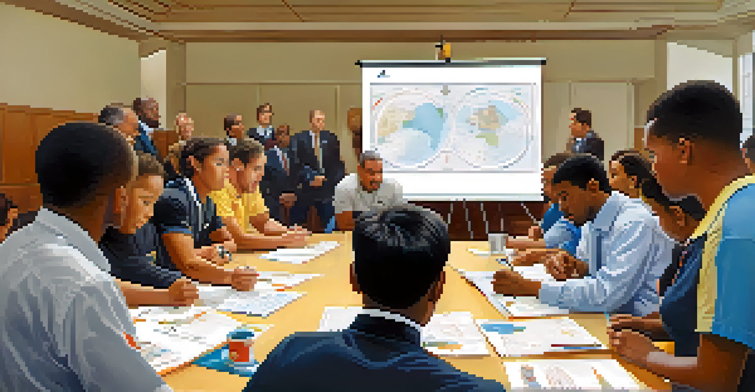 Local government officials and school representatives engaged in a meeting about sports education initiatives, with charts and plans on the table.