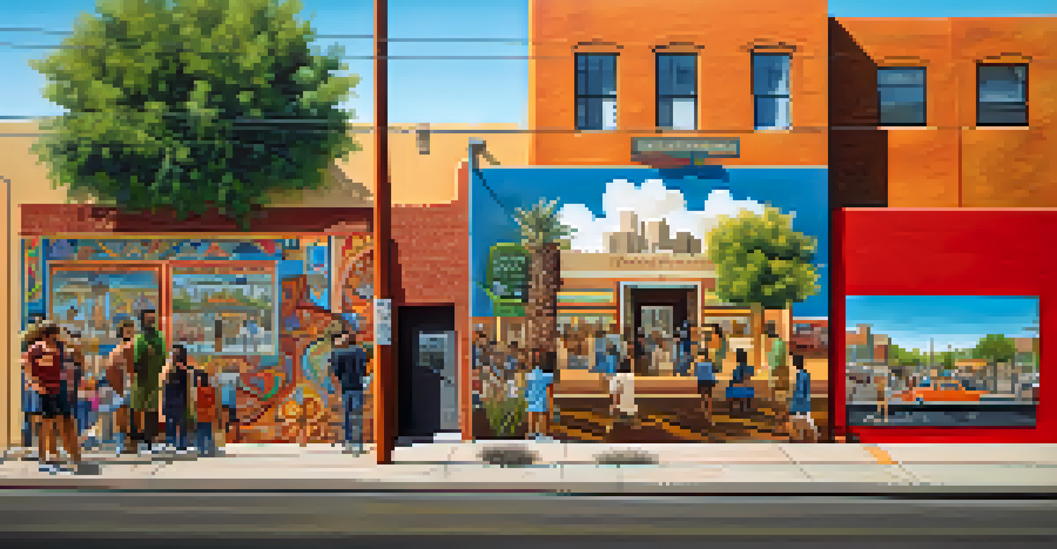 A colorful mural in Roosevelt Row, Phoenix, showcasing local history and culture, with community members admiring the artwork in a lively urban setting.