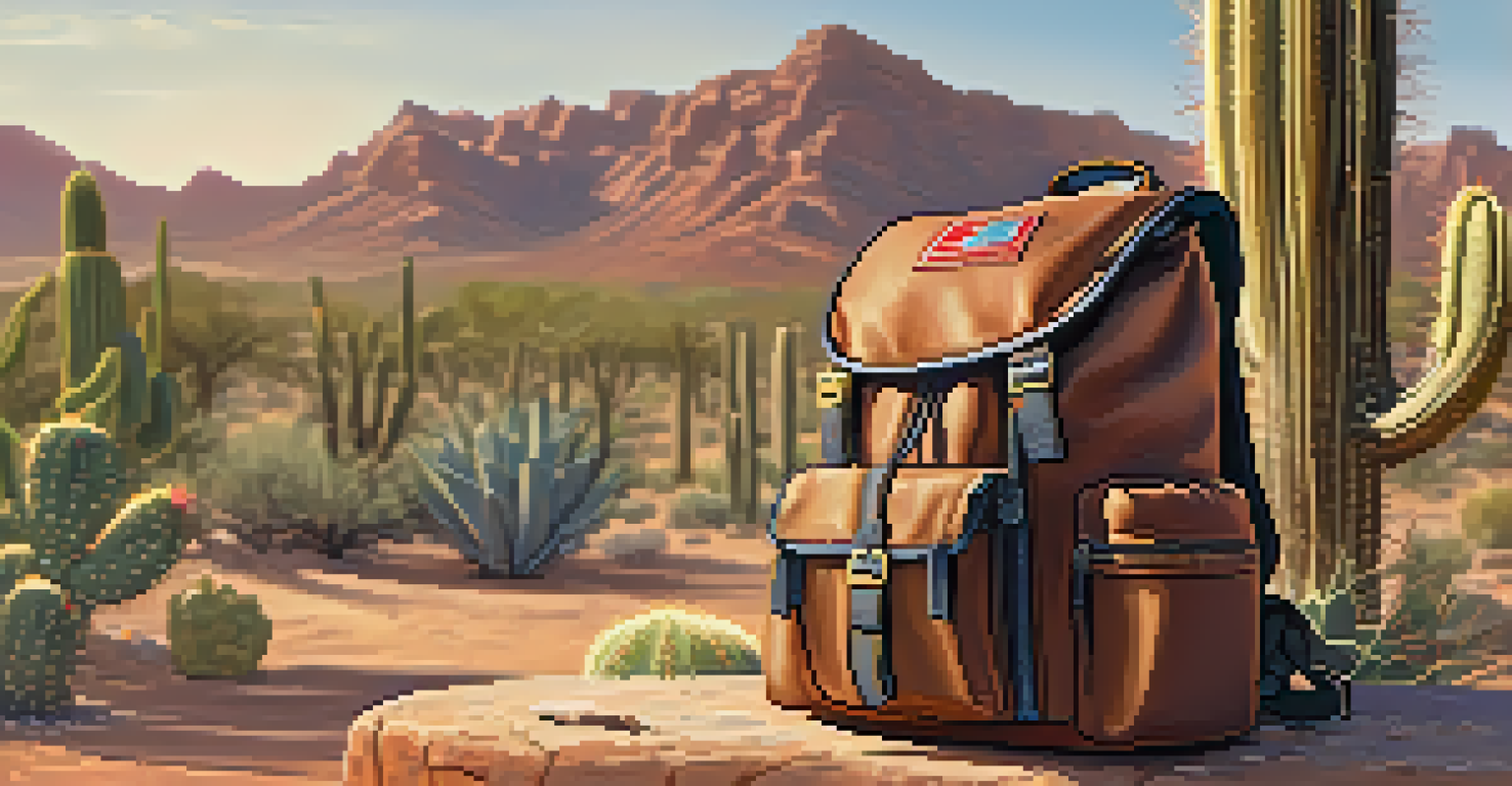 A close-up view of a hiking backpack filled with essentials, set against a desert landscape in Phoenix.