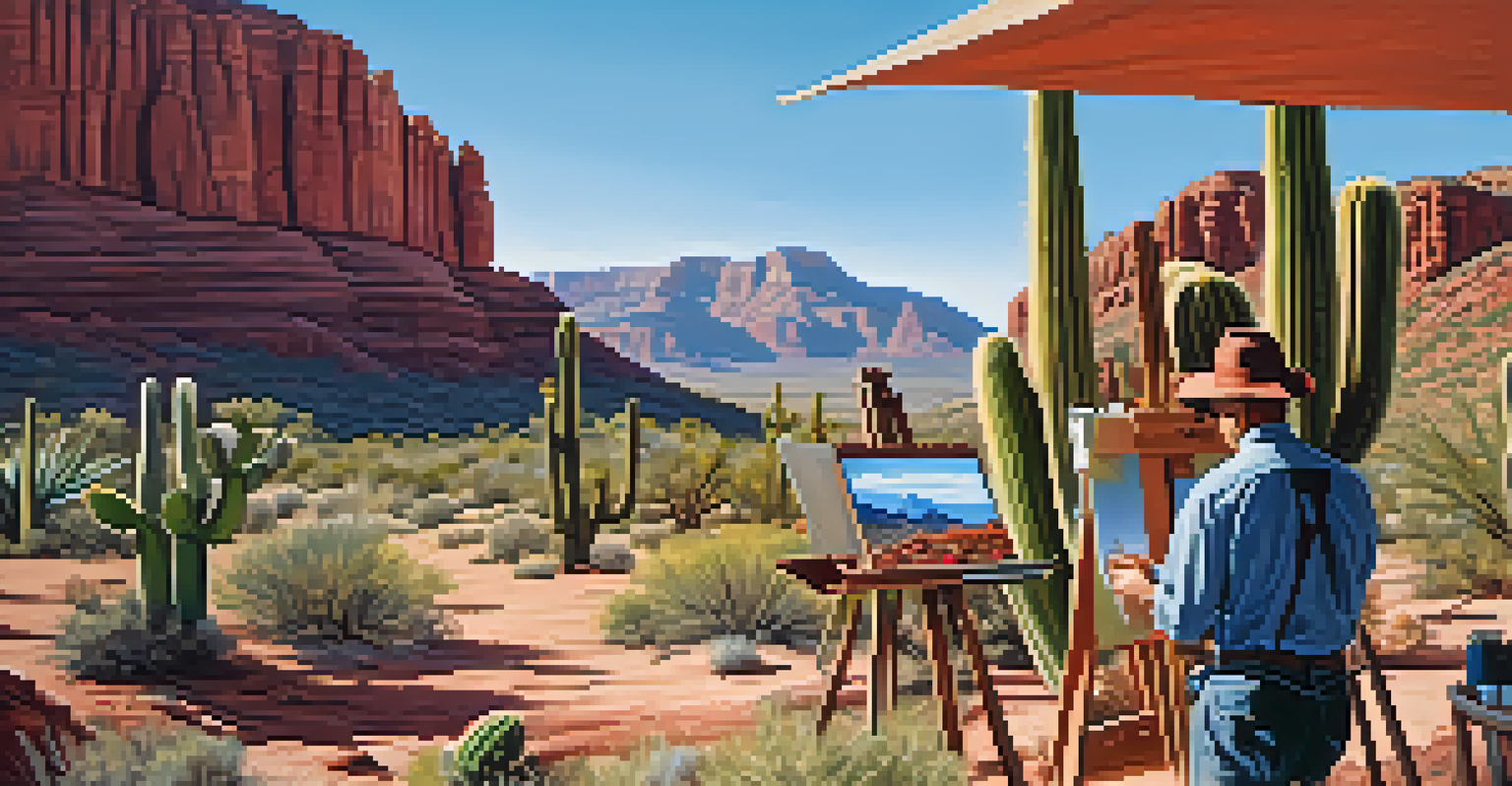An inspiring outdoor art retreat in the Arizona desert with artists painting against a backdrop of red rock formations and clear blue skies.