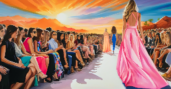 A lively fashion runway show with models wearing vibrant, flowing garments inspired by Arizona sunsets, surrounded by an enthusiastic audience.