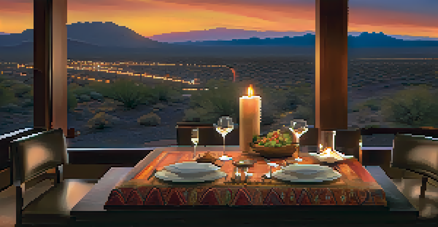 An elegant dining table with a beautifully plated dish and desert views in a fine dining restaurant.