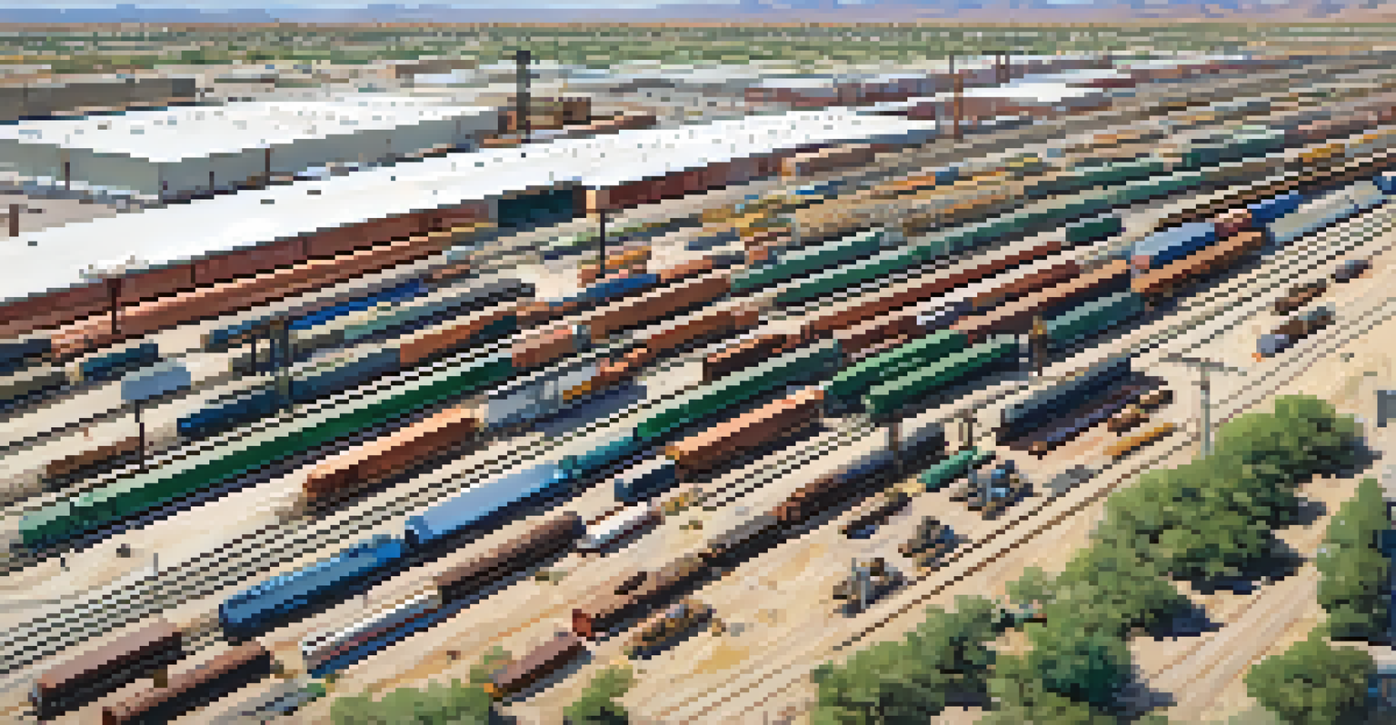 An aerial view of a bustling railroad yard in Phoenix, filled with freight cars and workers, surrounded by the urban landscape.