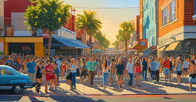 A lively street scene in Roosevelt Row, Phoenix with colorful murals and eclectic street art, featuring pedestrians and modern buildings.