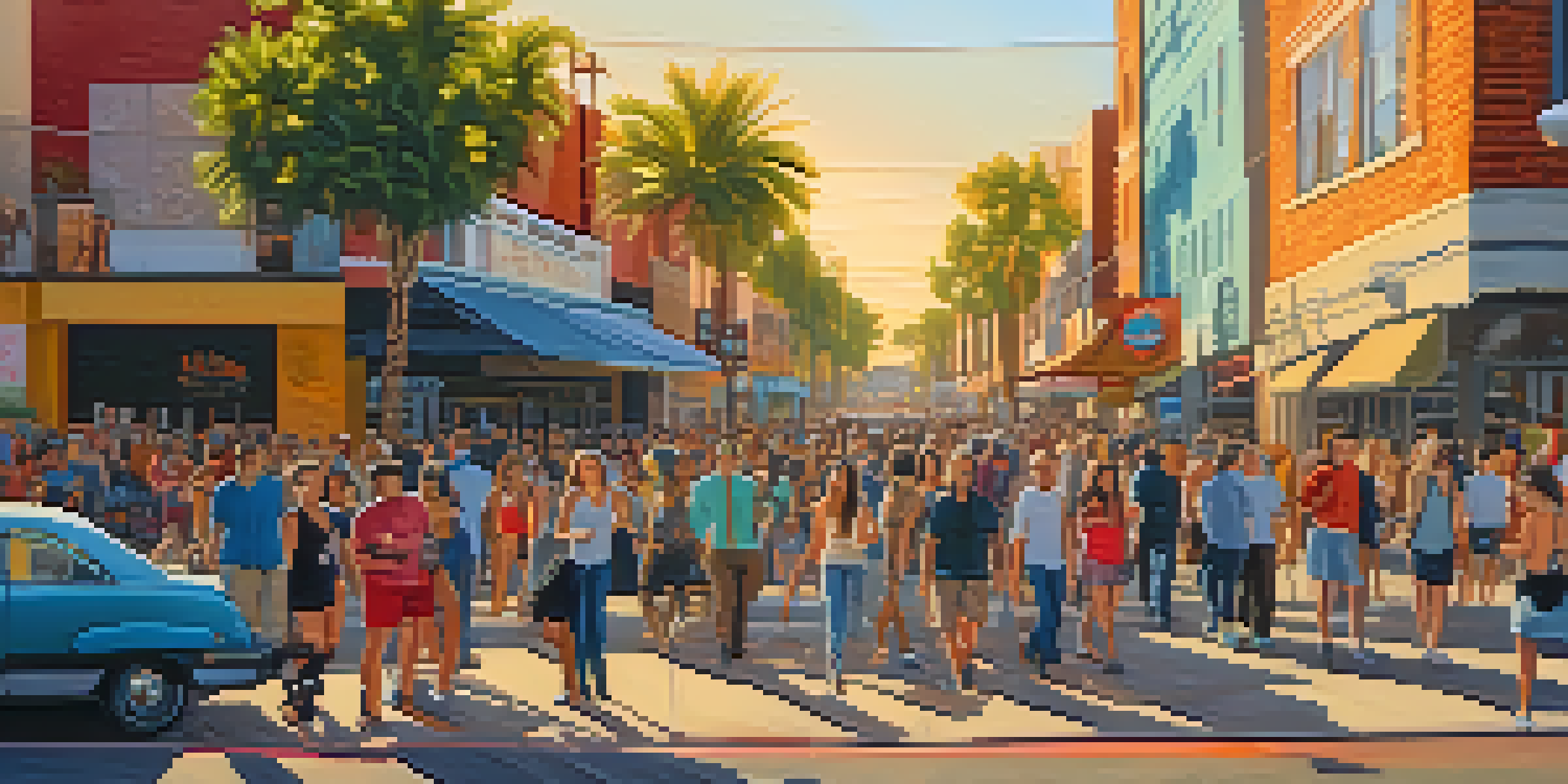 A lively street scene in Roosevelt Row, Phoenix with colorful murals and eclectic street art, featuring pedestrians and modern buildings.