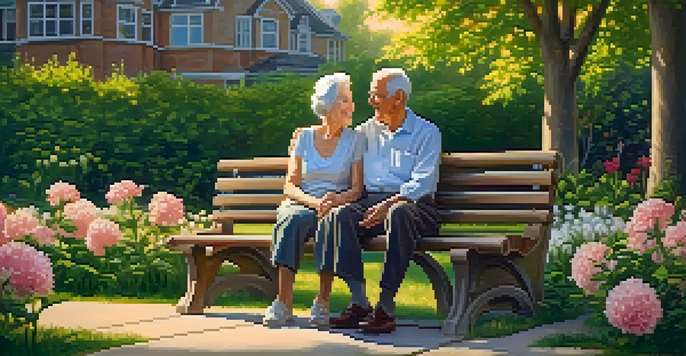 An elderly couple smiling while sitting on a park bench, surrounded by greenery and flowers during sunset.
