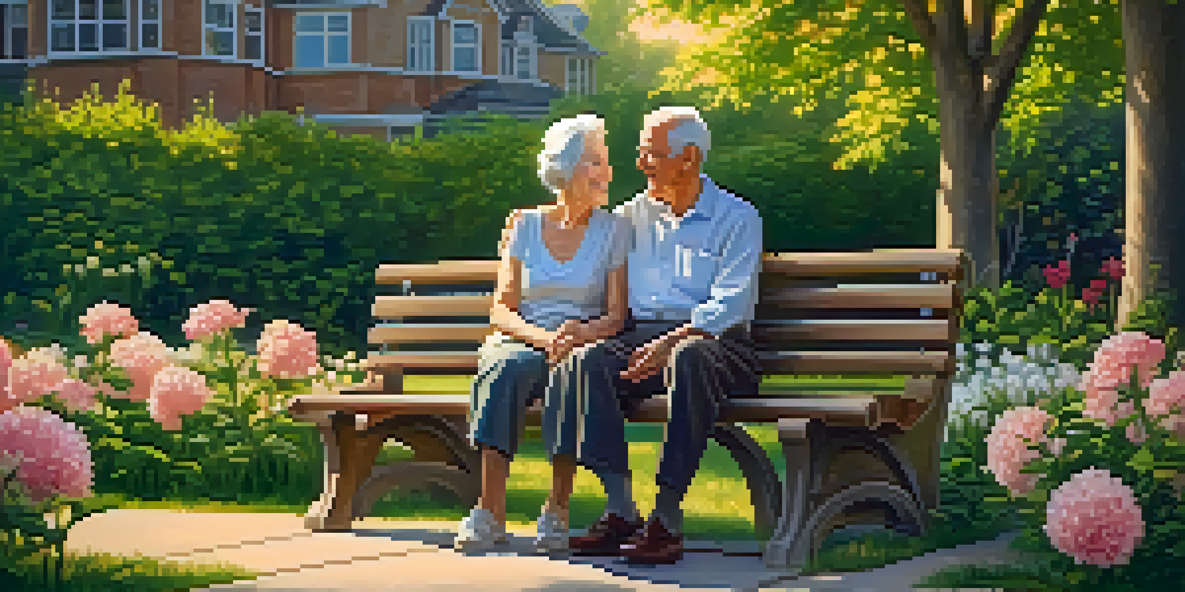 An elderly couple smiling while sitting on a park bench, surrounded by greenery and flowers during sunset.