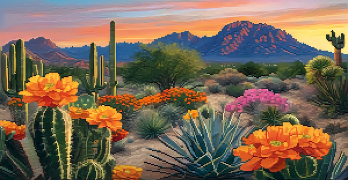 A picturesque sunset view of Camelback Mountain surrounded by desert plants, showcasing the warm colors of the sky and vibrant flora.