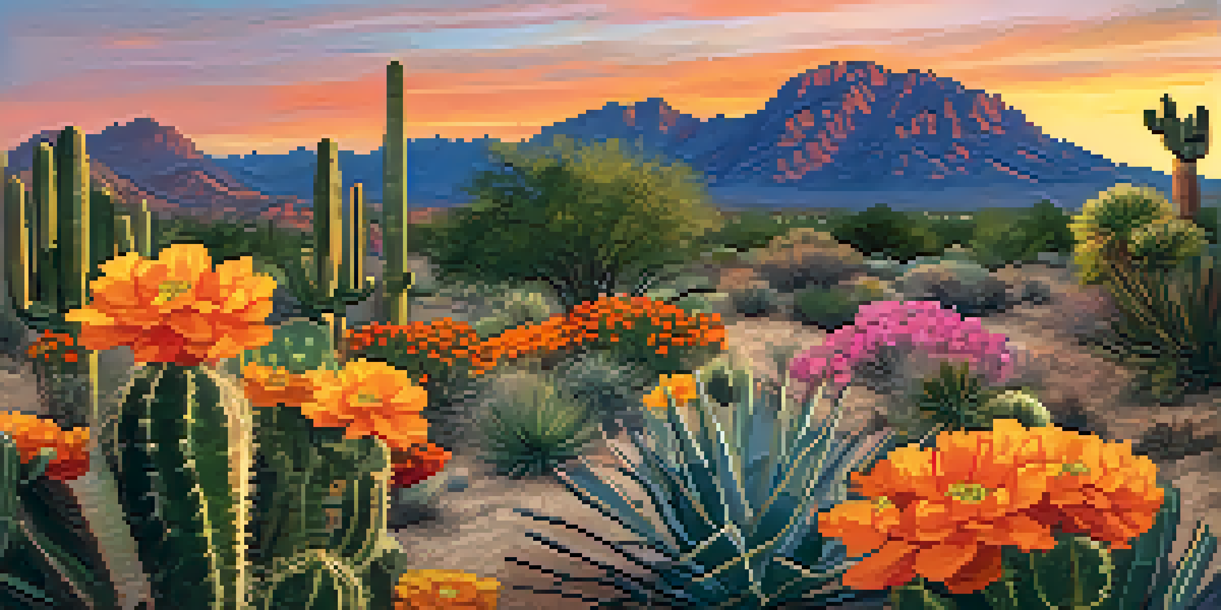 A picturesque sunset view of Camelback Mountain surrounded by desert plants, showcasing the warm colors of the sky and vibrant flora.