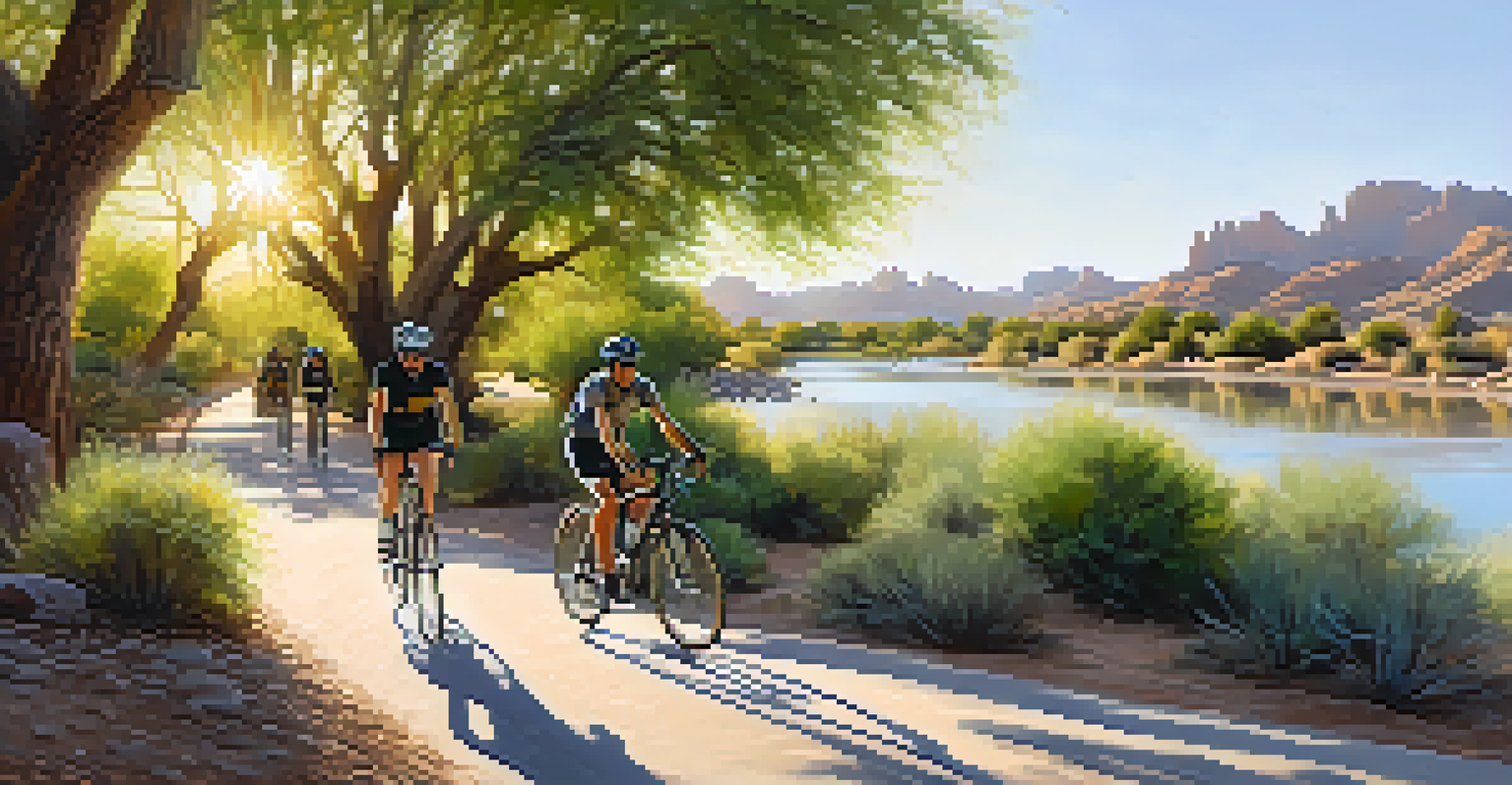 Cyclists enjoying a tranquil ride along the Rio Salado Pathway with lush foliage and a river.