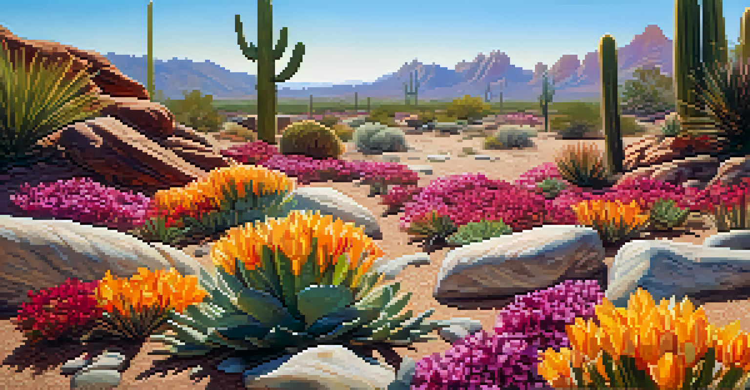 A close-up of rubber mulch surrounding flowering plants in a desert setting, with colorful blooms and rocky terrain in the background.