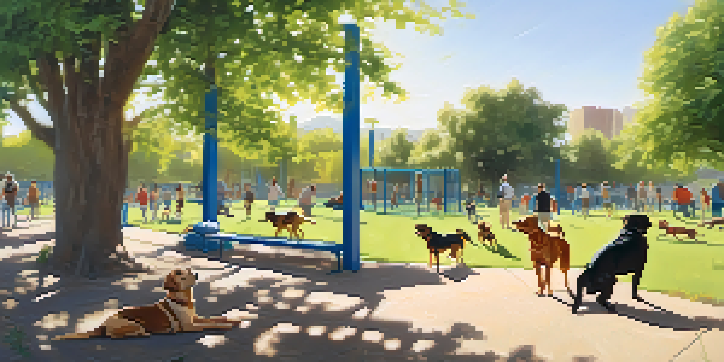 A sunny day at Phoenix Dog Park with dogs playing and owners relaxing on benches under trees.